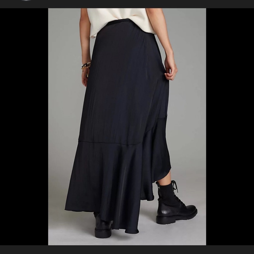 Anthropologie satin black maxi ruffle skirt $108 boho west party evening spring